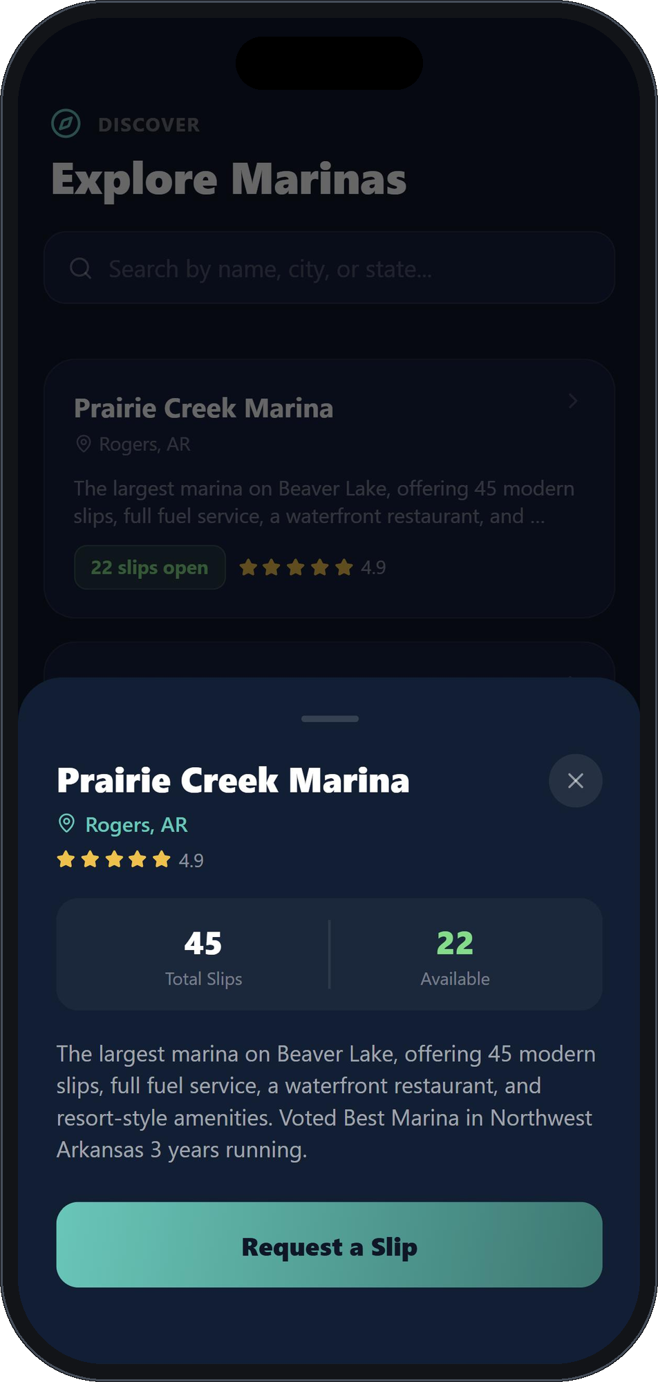 NautiDock marina detail screen showing slip availability