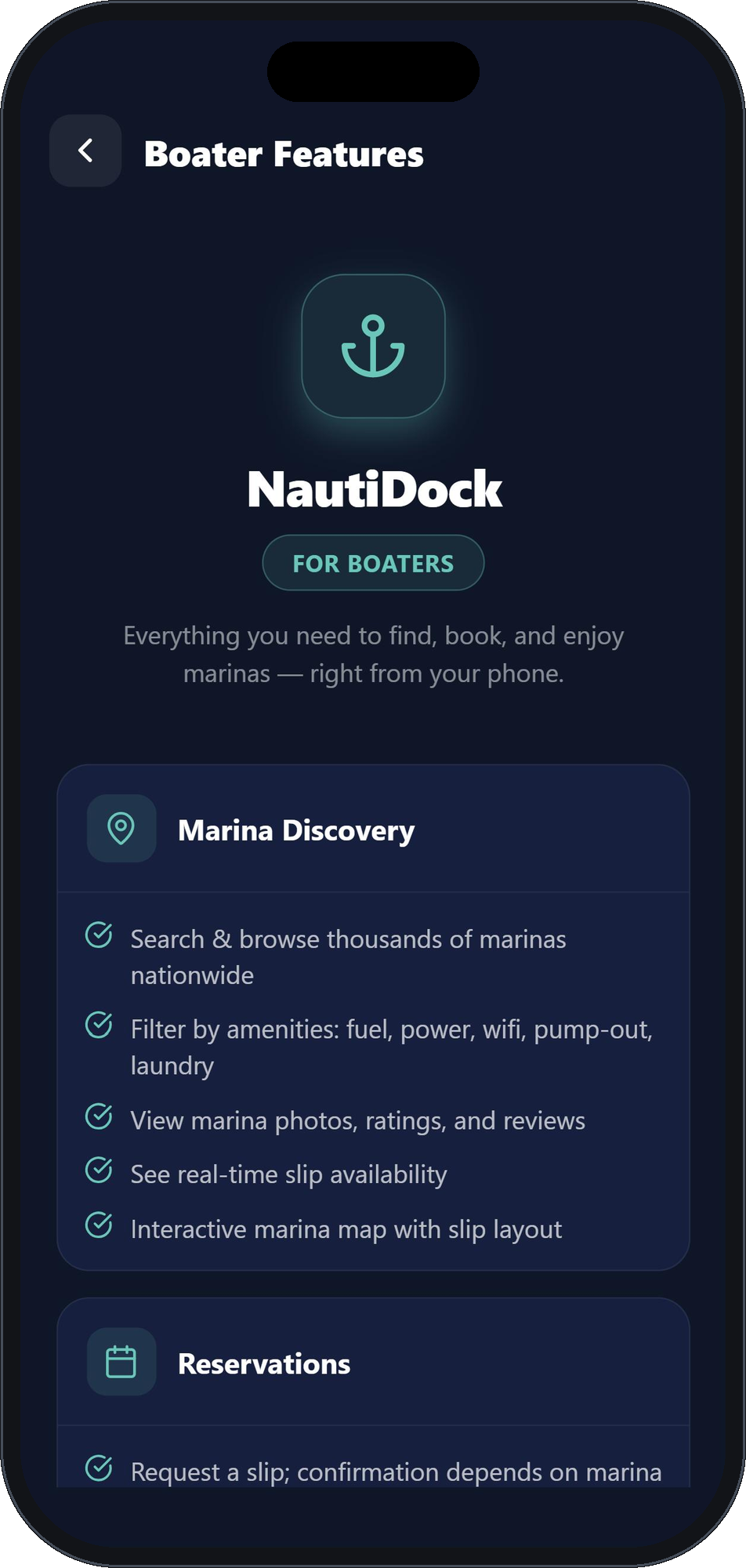NautiDock Boater Features screen